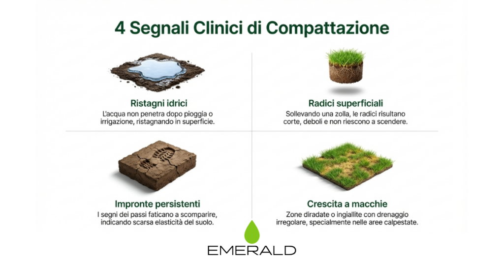 La compattazione non si vede sempre a occhio.
Spesso il prato può sembrare “normale”, ma sotto:
le radici restano superficiali
si formano ristagni idrici
aumenta lo stress nei periodi caldi