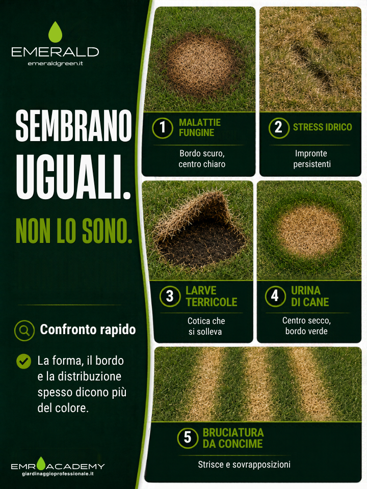Confronto per capire cosa fare davanti a un prato giallo: Brown Patch con bordo scuro e centro chiaro, stress idrico con impronte persistenti, larve con cotica che si solleva, urina di cane con bordo verde e bruciatura da concime a strisce.