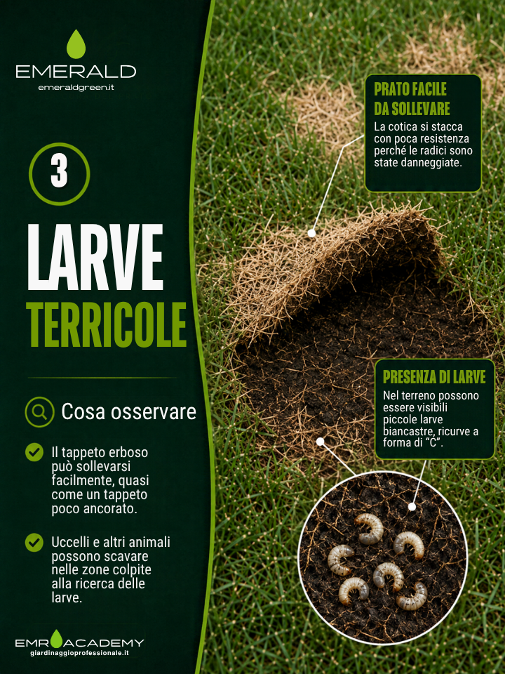 Il tappeto erboso si solleva facilmente perché le radici sono danneggiate. Nel terreno possono trovarsi larve biancastre ricurve a forma di C; nelle zone colpite gli animali possono scavare.