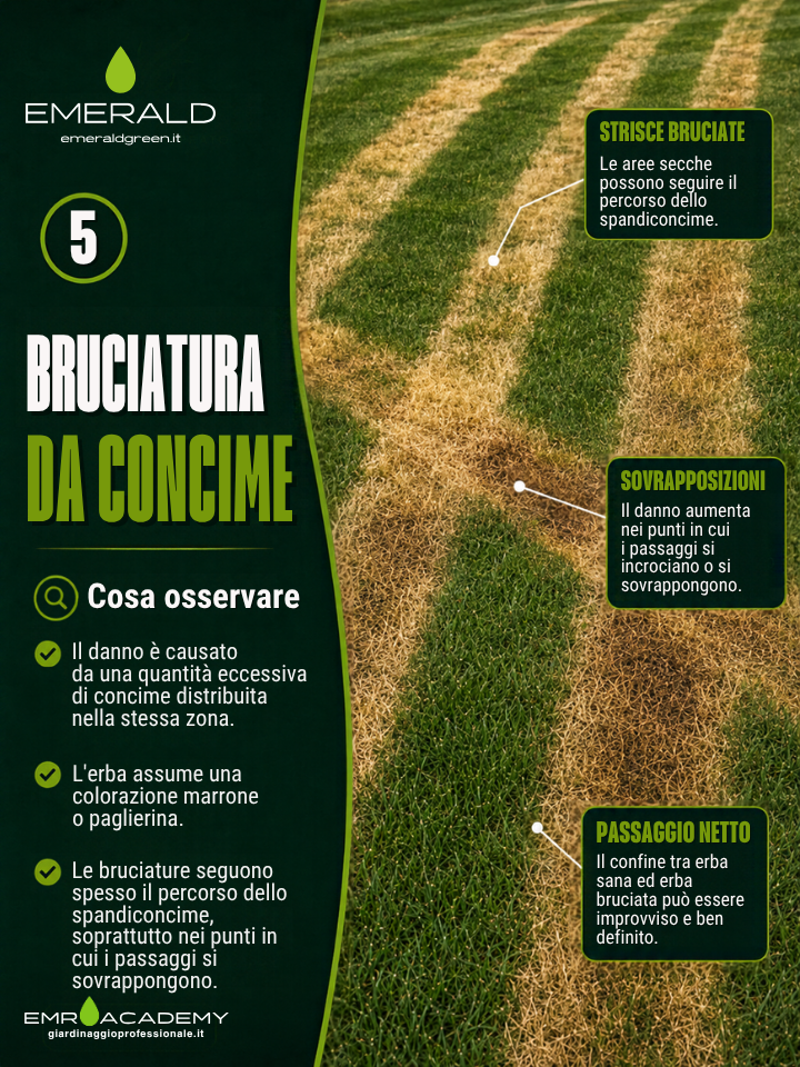 Strisce di erba secca o marrone che seguono il percorso dello spandiconcime. Il danno può essere più intenso nei punti in cui i passaggi si sovrappongono.