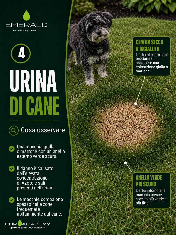 Macchia con centro secco giallo o marrone e un anello esterno di erba più verde e fitta, frequente nelle zone visitate abitualmente dal cane.